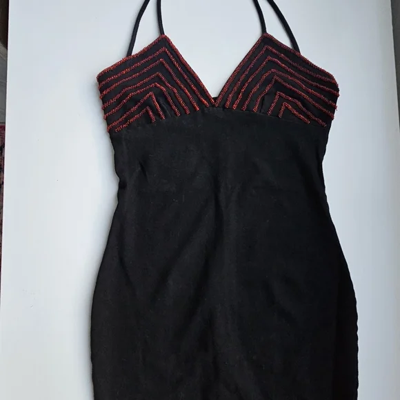 Hunza G Vintage Black With Crimson Beading Double Halter Strap Mini Dress - Picture 9 of 15